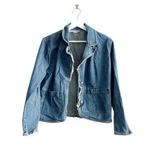 Papillon Women's Denim Jacket Blazer Long Sleeve Distressed Detail Blue Size M